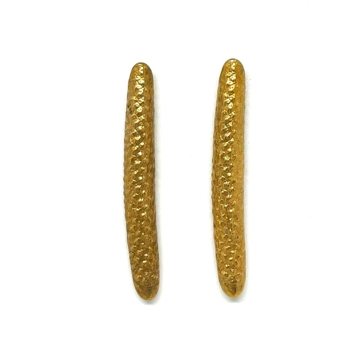 A pair of textured gold-toned bar earrings with a woven or braided pattern, displayed vertically on a solid white background.
