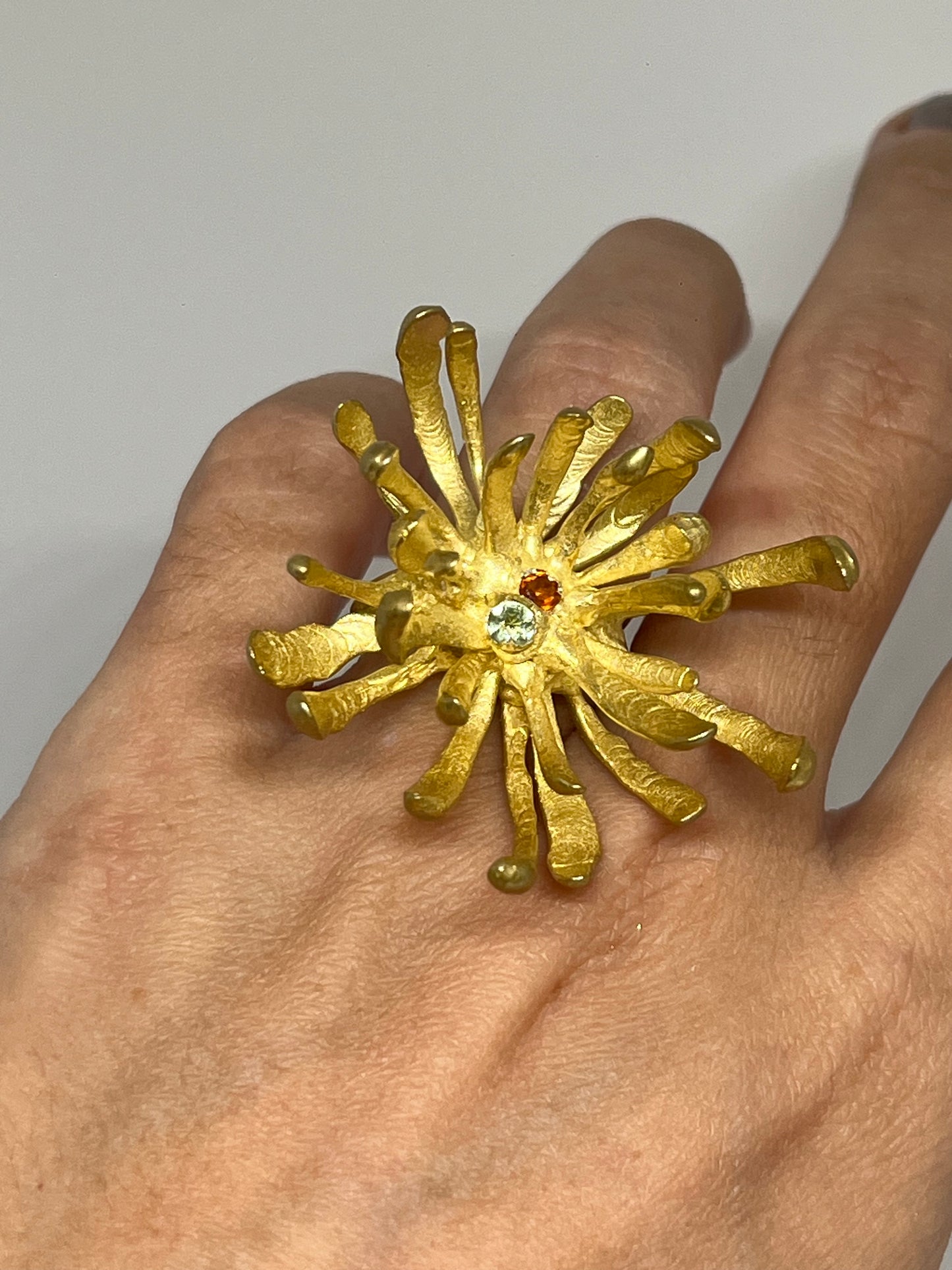 Chrystanthemum Ring with hessonite and tourmaline